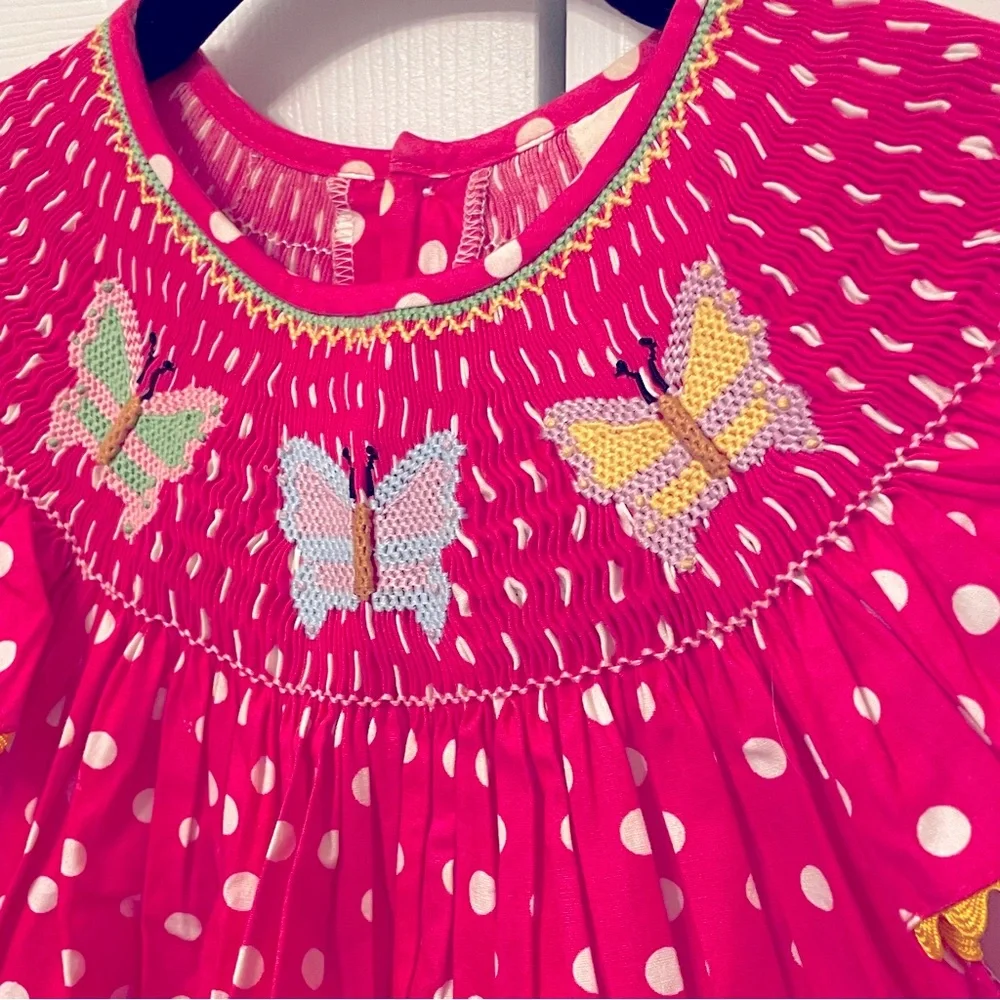 Mom & Me Girls Pink White Polka Dot Smoked Cotton Dress Sz 7